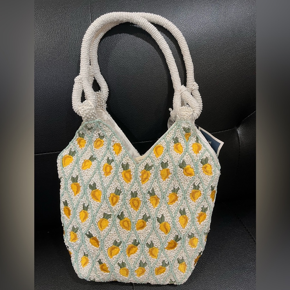 White and Yellow Beaded Lemon Tote Bag